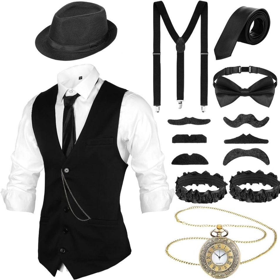 1920s mens fashion gangster Bulan 1 s Mens Costume Roaring Costumes Outfit with s Gangster Vest Hat  Pocket Watch Suspenders
