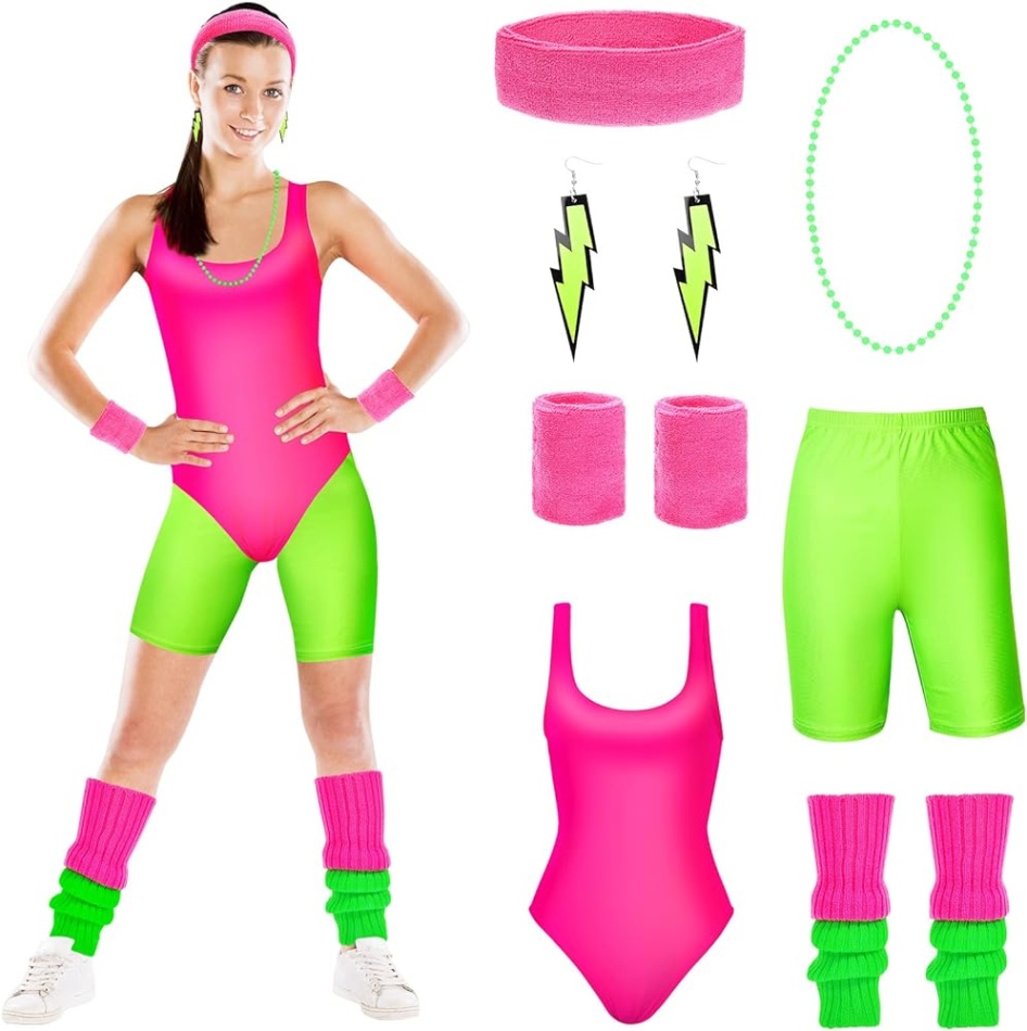 80s exercise fashion Bulan 4 Janmercy  Pieces s Workout Costume Halloween s Accessories Set s s  Leotard Yoga Shorts Headband Wristbands Leg Warmers Earrings Necklace Set